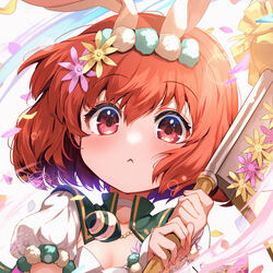  alternate_costume animal_ears axe blush bright_pupils close-up closed_mouth fake_animal_ears female fire_emblem fire_emblem:_mystery_of_the_emblem fire_emblem_heroes flower hair_between_eyes hair_flower hair_ornament highres holding holding_axe holding_weapon light_rays looking_at_viewer maria_(fire_emblem) maria_(spring)_(fire_emblem) nakabayashi_zun official_alternate_costume portrait puffy_short_sleeves puffy_sleeves rabbit_ears red_eyes red_hair shiny short_hair short_sleeves simple_background solo weapon 