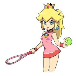  blonde_hair blue_eyes breasts crown dress earrings female jewelry long_hair looking_at_viewer mario_(series) mario_tennis muu_(mumumer) ponytail princess_peach racket simple_background sleeveless solo sphere_earrings tennis_peach tennis_racket white_background 