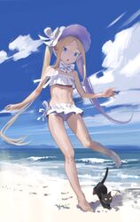  :o abigail_williams_(fate) abigail_williams_(swimsuit_foreigner)_(fate) abigail_williams_(swimsuit_foreigner)_(third_ascension)_(fate) barefoot beach bikini black_cat blonde_hair blue_eyes bonnet cloud day fate/grand_order fate_(series) feline female frilled_bikini frills had_(had314) highres long_hair ocean open_mouth outdoors sidelocks sky solo strapless strapless_bikini swimsuit water white_bikini white_headwear 