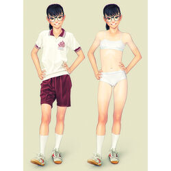  black-framed_eyewear black_eyes black_hair bra breasts brown_background cross-laced_footwear crotch_seam emblem female flat_chest fumichika_mori glasses grin gym_shirt gym_shorts gym_uniform hands_on_own_hips kurita_naomi looking_at_viewer medium_hair mole mole_under_mouth multiple_views navel original panties ponytail red_shorts shirt shoes short_sleeves shorts simple_background small_breasts smile sneakers socks standing toes_up training_bra underwear variations white_bra white_footwear white_panties white_socks 