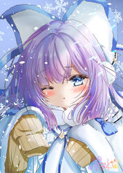  absurdres animal_ears azur_lane blue_eyes blush breasts brown_sweater coat commentary_request fake_animal_ears female fur-trimmed_coat fur-trimmed_sleeves fur_trim hair_ornament hair_ribbon highres long_hair long_sleeves looking_at_viewer nako_nya one_eye_closed partial_commentary purple_hair ribbon shirt sleeves_past_wrists snowflakes snowing solo sweater tashkent_(azur_lane) thighhighs very_long_hair very_long_sleeves white_coat white_thighhighs winter_clothes 