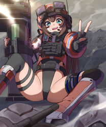  belt black_leotard blue_eyes boots brown_hair crotch female goddess_of_victory:_nikke goggles gun headset helmet highres jacket leotard long_hair mica_(nikke) rocket_launcher solo spread_legs syope thighs v weapon 