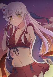  bad_id bad_twitter_id bare_shoulders bikini bikini_skirt blue_scarf breasts cleavage commentary cowboy_shot female fire_emblem fire_emblem:_radiant_dawn fire_emblem_heroes flower front-tie_bikini_top front-tie_top gloves grey_hair groin hair_flower hair_ornament hair_ribbon half_updo highres long_hair medium_breasts micaiah_(fire_emblem) micaiah_(summer)_(fire_emblem) navel official_alternate_costume open_mouth plumeria red_bikini red_gloves ribbon scarf sky solo swimsuit towel twilight wamiya2969 yellow_eyes 