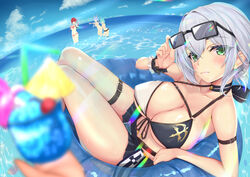  absurdres adjusting_eyewear alternate_costume armlet bikini blue_bikini breasts chest_belt cleavage cloud collarbone covered_nipples cup day drink eyes_visible_through_hair eyewear_on_head female front-tie_bikini_top front-tie_top green_eyes grey_hair highres hololive houshou_marine innertube large_breasts looking_at_viewer navel outdoors shirogane_noel shirogane_noel_(summer_2020) short_hair sitting sky solo_focus spekkio36 strap sunglasses swim_ring swimsuit thighs uruha_rushia usada_pekora virtual_youtuber water white_bikini white_hair wrist_cuffs 