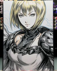  armor blonde_hair blue_eyes clare_(claymore) claymore_(series) female hair_between_eyes highres lips looking_at_viewer portrait short_hair solo_focus stanley_lau traditional_media 