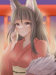  alternate_costume animal_ear_fluff animal_ears black_hair blunt_bangs closed_mouth commentary female fox_ears fur_trim hand_up highres japanese_clothes kimono kitsunegasaki_tametsugu_(tenka_hyakken) long_hair obi obijime punaparu red_kimono sash sidelocks smile solo tenka_hyakken torii upper_body yellow_eyes 