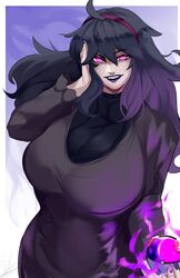  @_@ absurdres alternate_breast_size bags_under_eyes breasts fangs female fingernails hairband hex_maniac_(pokemon) highres huge_breasts long_hair looking_at_viewer michael_lavacca nail nose pink_eyes poke_ball pokemon pokemon_xy purple_hair sharp_teeth smile solo teeth very_long_hair 