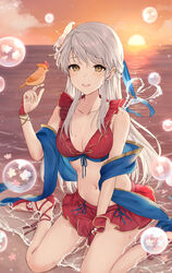  between_legs bikini bikini_skirt bird bird_on_hand blue_shawl blush breasts bubble cleavage collarbone commentary female fingerless_gloves fire_emblem fire_emblem:_radiant_dawn fire_emblem_heroes flower frilled_bikini frills front-tie_top gloves grey_hair hair_flower hair_ornament hand_between_legs haru_(nakajou-28) heart highres legs long_hair looking_at_viewer medium_breasts micaiah_(fire_emblem) micaiah_(summer)_(fire_emblem) miniskirt navel ocean official_alternate_costume open_mouth outdoors pleated_skirt red_bikini red_footwear red_gloves red_skirt sandals shawl sitting skirt smile solo stomach sunset swimsuit thighs two-tone_bikini wariza water wet yellow_eyes yune_(fire_emblem) 