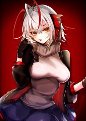  :d antenna_hair arknights black_gloves black_jacket black_skirt breasts female fingerless_gloves gloves grey_scarf highres horns jacket large_breasts multicolored_hair red_background red_hair scarf shirt short_hair skirt smile solo ub_orca w_(arknights) white_hair white_shirt yellow_eyes 