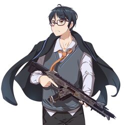  1boy apex_legends black-framed_eyewear black_hair black_pants brown_eyes commentary frown glasses grey_vest gun highres holding holding_gun holding_weapon indie_virtual_youtuber jacket jacket_on_shoulders kogane_ritsu male_focus necktie orange_necktie pants r-301_carbine ruipi solo standing vest virtual_youtuber weapon 