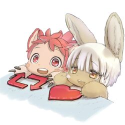  1other androgynous animal_ears blush_stickers bongo_cat female furry horizontal_pupils like_and_retweet made_in_abyss meme mitty_(made_in_abyss) mitty_(made_in_abyss)_(furry) nanachi_(made_in_abyss) official_art open_mouth red_eyes red_hair simple_background smile teeth tsukushi_akihito twitter whiskers white_background white_hair yellow_eyes 