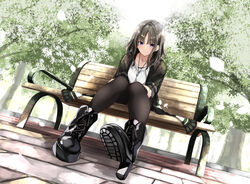  bench black_sweater blue_eyes blush boots brick_floor closed_mouth commentary_request female from_below fuu_(fuore) high_heel_boots high_heels jewelry leaf looking_at_viewer medium_hair necklace original pantyhose park park_bench parted_bangs shirt silver_hair sitting smile solo sweater tree white_shirt 