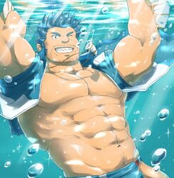  1boy abs bara blue_eyes brown_hair commentary_request facial_hair fins fish_boy freediving large_pectorals male_focus muscular muscular_male navel ocean partial_commentary pectorals simple_background smile solo tokyo_afterschool_summoners triton_(housamo) underwater upper_body water yanutorie 