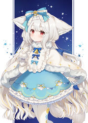  ahoge animal_ear_fluff animal_ears argyle_clothes argyle_legwear back_bow bell bib blue_bow blue_dress bow bowtie capelet collar commentary commission commissioner_upload cowboy_shot dress ears_down english_commentary female fox_ears fox_girl fox_tail frilled_collar frilled_dress frills fur-trimmed_capelet fur-trimmed_gloves fur_trim gloves hair_between_eyes hair_ornament hair_scrunchie hairbow high_collar highres ichinose_(sorario) large_bow large_ears large_tail layered_dress long_hair long_sleeves original pantyhose print_dress puffy_sleeves red_eyes sakurada_shiro_(hy_plus) sakurada_shiro_(winter)_(hy_plus) scrunchie skeb_commission solo star_ornament striped_clothes striped_dress tail tied_hair vertical-striped_sleeves very_long_hair white_capelet white_footwear white_gloves white_hair white_pantyhose white_sleeves winter_clothes 