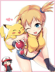  1boy ;d ^_^ bare_arms baseball_cap bent_over black_gloves blonde_hair blue_eyes blue_shorts blush blush_stickers border breasts chibi closed_eyes female fingerless_gloves gloves hat heart highres holding holding_poke_ball jacket kasai_shin kasumi_(pokemon) leaning_forward light_blush looking_at_another midriff navel no_mouth on_shoulder one_eye_closed open_clothes open_jacket open_mouth outside_border pikachu pink_border poke_ball poke_ball_(basic) pokemon pokemon:_the_electric_tale_of_pikachu pokemon_(creature) pokemon_on_shoulder red_jacket satoshi_(pokemon) shirt short_shorts shorts side_ponytail sleeveless sleeveless_shirt smile sparks suspenders waist_poke_ball yellow_shirt |_| 