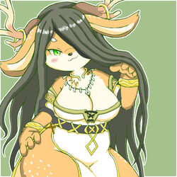  1:1 2020 4_fingers anthro antlers big_breasts black_hair blush breasts celtic_mythology cernunnos_(full_bokko_heroes) cervine chest_tuft cleavage clothed clothing curvy_figure cyberconnect2 deer drecom european_mythology female female_anthro fingers full_bokko_heroes fur green_background green_eyes hair horn jewelry kemono long_hair mammal multicolored_body multicolored_fur mythology necklace one_eye_obstructed red_deer simple_background snout solo standing tabon tan_body tan_fur tuft two_tone_body two_tone_fur voluptuous white_body white_fur wide_hips 