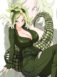  alternate_breast_size arm_support asymmetrical_hair boots breasts cleavage closed_mouth collarbone collared_jacket crocodilian_tail denim eyelashes feet_out_of_frame female fingerless_gloves gloves green_eyes green_gloves green_hair green_jacket green_pants high_collar high_ponytail highres huge_breasts jacket jeans kemono_friends knees_up leaning_back long_hair long_sleeves looking_at_viewer multicolored_hair pants partially_unzipped saltwater_crocodile_(kemono_friends) sitting smile solo spikes tail torn_clothes torn_pants tunndererabu zipper 