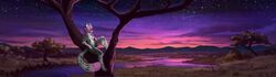  absurd_res anthro cloud dark_spots domestic_cat felid feline felis female fur fynnley_(character) grey_body grey_fur hair hi_res mammal mixed_breed mountain peyzazhik pink_hair plant river savanna savannah_cat sky solo star sunset tree ultrawide wallpaper 