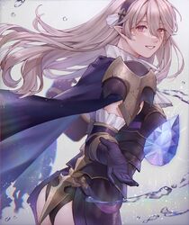  ai_tkkm armor armored_leotard ascot ass black_cape black_gloves black_hairband black_leotard black_panties breastplate cape corrin_(female)_(fire_emblem) corrin_(female)_(nohr_noble)_(fire_emblem) corrin_(fire_emblem) dragonstone elbow_gloves female fire_emblem fire_emblem_fates fire_emblem_heroes floating floating_hair floating_object gloves grey_hair grin hair_between_eyes hairband highres leotard long_hair looking_at_viewer official_alternate_costume panties pointy_ears red_eyes smile solo underwear white_ascot 