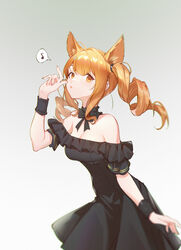  absurdres alche_(benruce) ambience_synesthesia angelina_(arknights) animal_ears arknights bare_shoulders black_collar black_dress breasts brown_eyes brown_hair cleavage collar commentary cowboy_shot detached_collar dress drill_hair eighth_note female fox_ears gradient_background grey_background hand_up highres long_hair looking_at_viewer musical_note off-shoulder_dress off_shoulder official_alternate_costume short_sleeves solo spoken_musical_note twin_drills twintails 