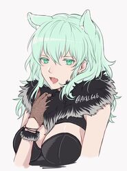  akina_(akn_646) alternate_costume animal_ears breasts byleth_(fire_emblem) byleth_(fire_emblem)_(female) cleavage female fire_emblem fire_emblem:_three_houses green_eyes green_hair highres medium_hair nail_polish open_mouth simple_background solo twitter_username upper_body white_background 