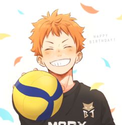  1boy ball closed_eyes commentary_request confetti dated_commentary facing_viewer grin haikyuu!! happy_birthday hinata_shouyou holding holding_ball jersey karasuno_volleyball_uniform laugh_111 male_focus orange_hair short_hair smile solo sportswear volleyball volleyball_(object) volleyball_uniform 