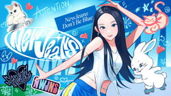  animification black_hair blue_eyes blue_pants breasts character_name clip_studio_paint_(medium) copyright_name dancing english_commentary feline female haerin_(newjeans) hair_behind_ear heart highres k-pop leaning_to_the_side long_hair looking_at_viewer making-of_available medium_breasts newjeans open_hands pants parted_hair rabbit real_life roller_skates skates solo song_name sweatpants tank_top very_long_hair white_tank_top yeoneotail 