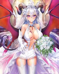  ahoge asmodeus_(lost_crusade) bare_shoulders blush body_markings bouquet braid breasts bridal_veil cleavage demon_horns demon_tail demon_wings dress elbow_gloves female flower garter_straps gloves hair_between_eyes hair_flower hair_ornament holding holding_bouquet horns indoors large_breasts light_particles long_hair looking_at_viewer lost_crusade morichika_shuuto navel official_art plunging_neckline purple_eyes sidelocks smile solo standing tail thighhighs tiara veil very_long_hair watermark wedding_dress white_dress white_gloves white_hair white_thighhighs wings 