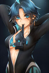  ahoge arms_behind_head bababababan bad_id bad_pixiv_id bikini bikini_top_only bikini_under_clothes black_survival blue_eyes blue_hair blush breasts collarbone dyed_ahoge eyes_visible_through_hair female glove_in_mouth gloves highres looking_at_viewer medium_breasts mouth_hold open_clothes plunging_neckline racing_suit short_hair silvia_piquet solo sweat swimsuit 