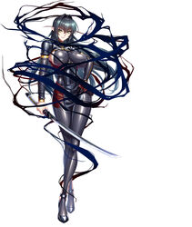  annerose_vajra black_hair bodysuit breasts cropped_jacket female full_body highres holding holding_sword holding_weapon impossible_clothes kagami_hirotaka koutetsu_no_majo_annerose large_breasts latex long_hair official_art pointy_ears sideboob simple_background smile solo sword taimanin_(series) taimanin_rpgx very_long_hair weapon white_background yellow_eyes zipper zipper_pull_tab 