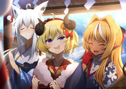  3girls a_passing_phantom absurdres ahoge animal_ears artist_name bakatare_(hololive) blonde_hair blush closed_eyes commentary_request drooling earrings floral_print fox_ears fox_tail gloves hair_between_eyes hair_intakes hair_ornament highres hololive horns japanese_clothes jewelry kimono long_hair looking_at_viewer multicolored_hair multiple_girls official_alternate_costume open_mouth own_hands_together pointy_ears praying purple_eyes purple_kimono red_gloves red_kimono sheep_ears sheep_girl sheep_horns shirakami_fubuki shirakami_fubuki_(new_year) shiranui_flare shiranui_flare_(new_year) short_hair shrine streaked_hair tail tsunomaki_watame tsunomaki_watame_(new_year) virtual_youtuber white_hair white_kimono 