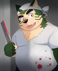  absurd_res anthro bandana blood blood_splatter bodily_fluids canid canine canis clothing domestic_dog eyebrows fur green_body green_fur hi_res inugamihito kerchief knife lifewonders live_a_hero looking_at_viewer male mammal mokdai musclegut muscular obese overweight overweight_male shirt smile solo t-shirt thick_eyebrows topwear 