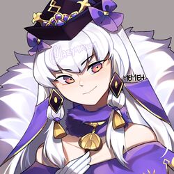  artist_name bare_shoulders black_dress black_hat closed_mouth collar commentary dress english_commentary female fire_emblem fire_emblem:_three_houses fire_emblem_heroes gloves grey_background hair_ornament hat light_smile long_hair lysithea_von_ordelia lysithea_von_ordelia_(a_new_future) memeh official_alternate_costume pink_eyes purple_collar simple_background solo twitter_username upper_body white_gloves white_hair 