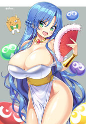  :d bare_shoulders blue_hair blush bracer braid breasts cleavage commentary_request dress female folding_fan green_eyes groin half_updo hand_fan hand_on_own_hip highres huge_breasts long_hair minotaur_(puyopuyo) no_panties open_mouth pelvic_curtain puyo_(puyopuyo) puyopuyo rulue_(puyopuyo) sash shuz_(dodidu) side_slit smile twitter_username very_long_hair white_dress 