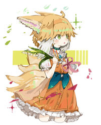  ahoge animal_ears arknights blonde_hair bouquet braid braided_hair_rings commentary cropped_legs dress female flower fox_ears fox_girl fox_tail frilled_dress frills green_eyes hair_rings hairband hands_up highres holding holding_bouquet holding_flower infection_monitor_(arknights) kitsune lily_of_the_valley looking_away multicolored_hair name_connection object_namesake official_alternate_costume orange_dress orange_hairband parted_lips puffy_short_sleeves puffy_sleeves ryu_(17569823) short_sleeves sleeveless sleeveless_dress solo suzuran_(arknights) suzuran_(let&#039;s_carnival!)_(arknights) symbol-only_commentary tail two-tone_hair white_background white_flower white_hair 