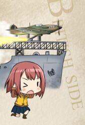  &gt;_o aircraft aircraft_catapult airplane blue_skirt bob_cut brown_jacket commentary_request fairy_(kancolle) female hands_on_own_head hawker_hurricane jacket kantai_collection life_vest long_sleeves one_eye_closed pleated_skirt propeller red_hair roundel short_hair skirt solid_oval_eyes solo tsukemon 