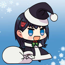  :d blush_stickers chibi christmas decepticon female gridman_universe hair_ornament hat maximilian-destroyer meme open_mouth padoru_(meme) sack santa_hat smile snowflakes solo ssss.gridman takarada_rikka transformers transformers_shattered_glass 