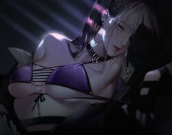  bai_yi_(path_to_nowhere) bare_shoulders belt bikini black_gloves black_hair breasts collarbone dark_room female fingerless_gloves front-tie_top gloves long_hair looking_at_viewer medium_breasts multicolored_hair open_clothes open_mouth path_to_nowhere purple_bikini reroi ribbon solo swimsuit underboob upper_body white_hair 