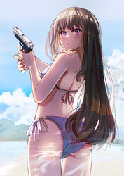  ass back bad_id bad_pixiv_id beach bikini black_hair breasts cloud cloudy_sky eyebrows_hidden_by_hair female gun highres holding holding_gun holding_weapon inoue_takina kamome_(aiou0413) light_blush long_hair looking_at_viewer lycoris_recoil mountainous_horizon open_mouth outdoors purple_eyes s&amp;w_m&amp;p side-tie_bikini_bottom sky small_breasts solo swimsuit thighs weapon 