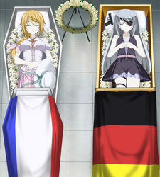  2girls absurdres bad_end blonde_hair charlotte_dunois closed_eyes coffin corpse death eyepatch flower french_flag funeral german_flag grey_hair gun handgun hat hat_ribbon highres infinite_stratos laura_bodewig lazy_tiger long_hair multiple_girls pale_skin photoshop_(medium) ponytail ribbon silver_ribbon weapon what white_headwear 