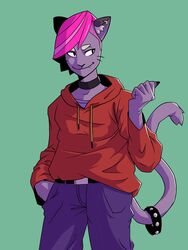  2020 3:4 anthro brandt_(artist) clothing cute_fangs domestic_cat ear_piercing ear_ring felid feline felis female green_background hair hand_in_pocket hi_res hoodie mammal monster_prom piercing pink_hair pockets purple_hair ring_piercing side_shave simple_background solo topwear valerie_oberlin 