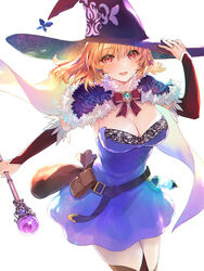  arm_warmers belt belt_pouch blonde_hair blue_dress bow bowtie braid breasts brown_eyes butterfly_hair_ornament capelet cleavage cowboy_shot dress elbow_gloves female fur_trim gloves hair_ornament hat highres holding holding_staff jewelry looking_at_viewer miria_(sonna_hiroki_mo_isekai_e) open_mouth pouch red_bow red_bowtie ring sagara_riri side_braid simple_background solo sonna_hiroki_mo_isekai_e staff strapless strapless_dress wedding_ring white_background witch witch_hat 