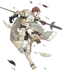  1boy 88_taho armor armored_boots boots brown_eyes cape conrad_(fire_emblem) fire_emblem fire_emblem_echoes:_shadows_of_valentia fire_emblem_heroes full_body fur_trim gloves highres male_focus mask official_art open_mouth orange_hair polearm scarf solo spear teeth third-party_source torn_clothes transparent_background weapon white_armor 