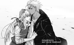  2boys dark-skinned_male dark_skin glalda greyscale hair_ribbon hand_on_another&#039;s_head hood hug kurda_smahlt long_hair male_focus moff monochrome multiple_boys ponytail ribbon scar scar_on_cheek scar_on_face short_hair the_saga_of_darren_shan vest yaoi 