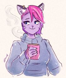  2020 anthro blue_eyes clothing container cup domestic_cat ear_piercing felid feline felis female fur grymmeoir mammal monster_prom mug piercing purple_body purple_fur side_shave smile solo sweater topwear traditional_media_(artwork) valerie_oberlin 