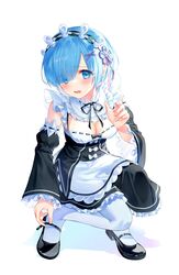  adjusting_footwear apron black_dress black_footwear blue_eyes blue_hair blush breasts cleavage commentary_request detached_sleeves dress eyes_visible_through_hair female frilled_dress frilled_sleeves frills hair_over_one_eye hairband highres kh_(kh_1128) long_sleeves looking_at_viewer maid mary_janes medium_breasts open_mouth re:zero_kara_hajimeru_isekai_seikatsu rem_(re:zero) roswaal_mansion_maid_uniform shoes short_hair solo squatting waist_apron wavy_mouth white_apron white_legwear wide_sleeves 