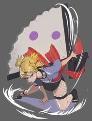  aerokinesis air_current black_skirt blonde_hair female fishnets forehead_protector full_body green_eyes grey_background hand_fan hanny_(uirusu_chan) highres holding holding_fan japanese_clothes leaning_forward long_hair looking_at_viewer low_twintails magic naruto naruto_(series) ninja open_mouth purple_shirt quad_tails red_ribbon ribbon sandals shirt short_sleeves simple_background skirt solo temari_(naruto) thighs toes twintails visible_air wind 