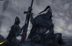  1boy armor artorias_the_abysswalker braid cape commentary_request dark_souls_(series) dark_souls_i female full_armor gauntlets helmet knight lord&#039;s_blade_ciaran rirth shoulder_armor size_difference sword weapon 