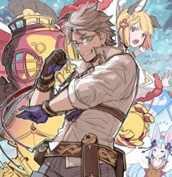  1boy 2girls animal_ears armor belt blonde_hair blue_eyes blue_hair brown_eyes erune glasses gloves granblue_fantasy grin isaac_(granblue_fantasy) multiple_girls pose power_armor smile societte_(granblue_fantasy) tokihiko2 vajra_(granblue_fantasy) wide_sleeves wrench 