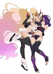  2girls absurdres ass bare_shoulders barefoot bikini black_fundoshi black_gloves black_thighhighs blonde_hair blush bow breasts chinese_clothes detached_sleeves dudou earrings elbow_gloves eyeliner facial_mark fate/grand_order fate_(series) fingerless_gloves forehead_jewel forehead_mark full_body fundoshi gloves gradient_hair hairbow headpiece highres holding_hands horns hug ibaraki_douji_(fate) ibaraki_douji_(swimsuit_lancer)_(fate) ibaraki_douji_(swimsuit_lancer)_(third_ascension)_(fate) interlocked_fingers japanese_clothes jewelry jikatarou long_hair looking_at_viewer low_twintails makeup multicolored_hair multiple_girls navel oni open_mouth pelvic_curtain pointy_ears purple_eyes purple_hair short_eyebrows short_hair short_twintails shuten_douji_(fate) shuten_douji_(halloween_caster)_(fate) simple_background skin-covered_horns smile swimsuit tattoo thighhighs toeless_legwear twintails very_long_hair white_background white_bikini white_bow white_footwear 